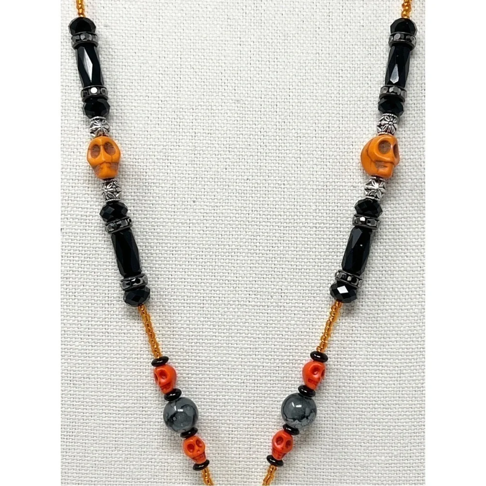 Handmade Beaded Lanyard Orange Halloween Skulls, ID Badge, Eyeglass Holder